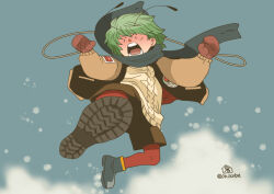  1girl alternate_costume antennae blue_boots boots brown_coat brown_mittens cable_knit coat commentary_request full_body green_hair grey_sweater incoming_kick jumping kicking long_sleeves looking_at_viewer mittens onikobe_rin open_mouth pantyhose red_pantyhose rider_kick shoe_soles short_hair snow solo sweater touhou v-shaped_eyebrows wriggle_nightbug |_| 
