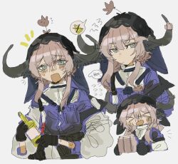  >_< 1girl ^^^ animal_ears arknights black_gloves blush_stickers bottle breast_pocket brown_hair commentary_request cow_ears cow_girl cow_horns dot_nose flower flower_on_head flying_sweatdrops frown gloves green_eyes grey_background hair_between_eyes holding holding_bottle horns korean_commentary long_sleeves looking_at_viewer multiple_views odmised pallas_(arknights) pocket purple_shirt shirt short_hair_with_long_locks simple_background speech_bubble sweat tears upper_body veil wine_bottle 