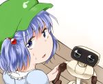 1girl blue_eyes blue_hair hair_bobbles hair_ornament hat kawashiro_nitori looking_at_viewer looking_over_shoulder nanana_(chicken_union) parted_lips r.o.b robot short_hair simple_background solo sweat touhou twintails white_background 