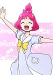  1girl :d bakusai closed_eyes dokidoki!_precure half_updo humanization open_mouth outstretched_arms pink_hair precure school_uniform sharuru_(dokidoki!_precure) short_hair smile solo spread_arms star starry_background 