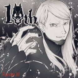  1boy anniversary artist_name black_nails bodysuit claw_(weapon) exoskeleton fang fang_out fate/grand_order fate_(series) greyscale highres long_hair looking_at_viewer mask monochrome nail_polish ranrander solo teeth tezcatlipoca_(second_ascension)_(fate) weapon 