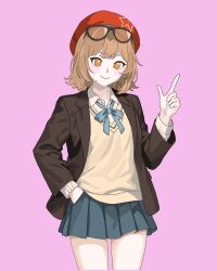  1girl alternate_costume beret black_jacket blazer blue_ribbon blue_skirt brown-tinted_eyewear brown_hair closed_mouth collared_shirt cowboy_shot dq_(ryenoko) eyewear_on_head finger_gun hand_in_pocket hand_up hat highres jacket looking_at_viewer miniskirt neck_ribbon open_clothes open_jacket orange_eyes pink_background pleated_skirt red_hat regulus_(reverse:1999) reverse:1999 ribbon shirt short_hair skirt smile solo summer_uniform sunglasses sweater_vest tinted_eyewear vest white_shirt yellow_vest 