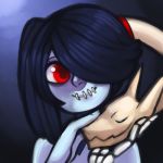  1girl bare_shoulders blue_skin bogoro face hair_over_one_eye leviathan_(skullgirls) long_hair lowres petting red_eyes side_ponytail skullgirls smile solo squigly_(skullgirls) stitched_mouth zombie 