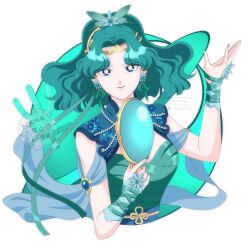  1girl aqua_dress aqua_hair bishoujo_senshi_sailor_moon blue_eyes deep_aqua_mirror dress earrings flower_earrings hair_ornament highres jewelry kaiou_michiru koya long_hair neptune_symbol simple_background smile solo wavy_hair white_background 