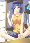  1girl barefoot blush female legs original purple_hair shinai short_hair shorts side_ponytail sitting solo sword violet_eyes weapon 