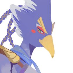  a15179222 beak bird_boy blue_fur braid furry furry_male green_eyes highres jewelry looking_at_viewer male_focus portrait revali rito scarf shoulder_pads simple_background the_legend_of_zelda the_legend_of_zelda:_breath_of_the_wild upper_body white_background 
