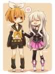  2girls bare_shoulders blonde_hair ia_(cosplay) kagamine_rin_(cosplay) kagerou_project kisaragi_momo long_hair mary_(kagerou_project) multiple_girls school_uniform serafuku short_hair side_ponytail single_thighhigh skirt smile thighhighs vocaloid wowishi 