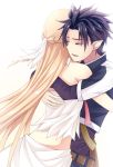  1boy 1girl asuna_(sao) black_hair brown_hair closed_eyes couple hug kirito kirito_(sao-alo) long_hair misuzu_(iridescence) pointy_ears short_hair spiky_hair sword_art_online titania_(sao) yuuki_asuna 