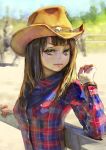  1girl aro_(charged_time_out) blue_eyes breasts brown_hair cowboy_hat hat lips long_hair looking_at_viewer original solo 