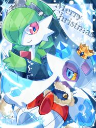  bad_id bad_twitter_id blue_eyes bob_cut colored_sclera colored_skin crown detached_sleeves froslass froslass_(royal_winter) gardevoir gardevoir_(royal_winter) green_hair green_skin looking_at_viewer merry_christmas multicolored_skin pink_eyes pokemon pokemon_(creature) pokemon_cafe_remix smile sowao. sparkle tiara two-tone_skin white_skin yellow_sclera 