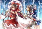  3girls absurdres blonde_hair blue_eyes bow braid broom brown_hair gohei hair_bow hair_tubes hakurei_reimu hat highres izayoi_sakuya jiji_(381134808) kirisame_marisa knife long_hair maid maid_headdress multiple_girls navel scarf short_hair silver_hair smile snowflakes touhou twin_braids witch_hat yellow_eyes 