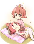  2girls :d aida_mana chibi dokidoki!_precure eye_contact grass half_updo humanization lap_pillow leaf looking_at_another lying multiple_girls on_back open_mouth pink_eyes pink_hair precure sharuru_(dokidoki!_precure) short_hair sitting smile sunyukun thigh-highs 