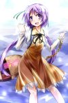 biwa_lute chain dress hair_ornament hemogurobin_a1c highres instrument long_hair lute_(instrument) musical_note open_mouth purple_hair smile solo touhou tsukumo_benben violet_eyes 