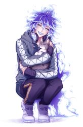  1boy animal blue_hair cat closed_eyes commentary english_commentary fiery_hair full_body grin headphones headphones_around_neck highres holding holding_animal holding_cat hood hooded_jacket idia_shroud jacket long_hair lycoristyx male_focus pet real_life_insert sharp_teeth shoes simple_background smile solo squatting tabby_cat teeth twisted_wonderland very_long_hair white_background white_shoes 