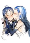  2girls bare_shoulders blue_gloves blue_hair blush branch_(blackrabbits) character_request cheek_kiss closed_eyes elbow_gloves gloves kantai_collection kiss long_hair multiple_girls necktie personification rough sailor_collar samidare_(kantai_collection) twintails wink yellow_eyes 