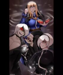  1girl 2boys blue_eyes dark_ash element_kof female_only green_eyes grey_skinned_male lady_goenitz light_skinned_male m.u.g.e.n male_only pale_skinned_female red_eyes 