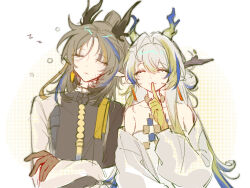  1boy 1girl ^_^ arknights bare_shoulders blonde_hair blue_hair brown_hair chinese_commentary closed_eyes closed_mouth colored_extremities commentary_request dragon_girl dragon_horns earrings facing_viewer finger_to_mouth grey_hair hair_between_eyes hair_intakes heads_together highres horns jewelry ji_(arknights) jue_zan_qia_fan_zhong long_hair long_sleeves multicolored_hair off_shoulder parted_lips pointy_ears shu_(arknights) shushing sleeping smile squeans streaked_hair upper_body zzz 