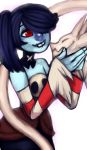  1girl bare_shoulders blue_skin bogoro detached_collar detached_sleeves hair_over_one_eye hand_on_another&#039;s_chin leviathan_(skullgirls) long_hair long_skirt red_eyes side_ponytail skirt skull skullgirls smile solo squigly_(skullgirls) stitched_mouth striped_sleeves zombie 