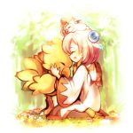  1girl bird chocobo feathers final_fantasy hair_feathers happy hood_down kei_(ritoru2468) kneeling moogle pink_hair short_hair sitting sitting_on_head sitting_on_person white_mage 