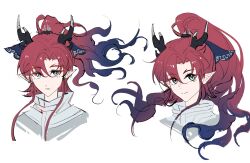  1boy aqua_eyes arknights chinese_commentary closed_mouth commentary_request cropped_shoulders expressionless gradient_hair hair_between_eyes hair_intakes highres horns looking_at_viewer male_focus multicolored_hair multiple_views nanxing_buye pointy_ears purple_hair red_hair simple_background smile two-tone_hair white_background yu_(arknights) 