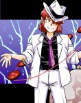  1girl azuki_osamitsu double_dealing_character drumsticks formal hair_over_one_eye hat_over_one_eye horikawa_raiko necktie pointy_ears red_eyes redhead short_hair smile solo suit touhou 