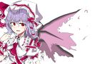  1girl absurdres ascot bow colored frills hat highres looking_at_viewer open_mouth purple_hair red_eyes remilia_scarlet short_hair simple_background solo tetrapod_(saifon) touhou white_background 