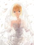  1boy armin_arlert bare_shoulders blonde_hair blue_eyes bow bridal_veil crossdressinging dress dress_lift elbow_gloves flower gloves jewelry key necklace nine_(liuyuhao1992) petals shingeki_no_kyojin short_hair smile solo veil wedding_dress 