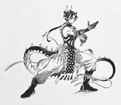  1boy arknights bare_shoulders boots chongyue_(arknights) closed_mouth colored_extremities commentary fighting_stance full_body greyscale hair_intakes highres horns knee_boots long_hair looking_at_viewer male_focus monochrome pants pointy_ears ponytail rivershirt serious simple_background sleeveless solo standing tail white_background 