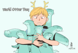  1girl :3 animal antlers blonde_hair closed_mouth commentary_request dated grey_background holding holding_animal horns kicchou_yachie onikobe_rin otter otter_spirit_(touhou) red_eyes short_hair simple_background solo touhou upper_body yellow_horns 