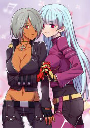 2girls dark-skinned_female female k'_core kula_diamond m.u.g.e.n multiple_girls pale_skinned_female pink_background pink_eyes red_eyes sisters taito white_hair