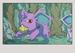  1boy 1girl berry boulder colored_skin forest grass highres horns looking_at_another nature nidoran nidoran_(female) nidoran_(male) no_humans onamuzi_illust plant pokemon pokemon_(creature) purple_skin red_eyes single_horn solo_leveling tree vines 