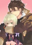  1boy 1girl alvin_(tales) blonde_hair blush brown_eyes brown_hair coat dress elise_lutus frills frown gloves green_eyes hug hug_from_behind jewelry otsuki38 pendant pink_background polka_dot polka_dot_background short_hair sitting smile tales_of_(series) tales_of_xillia 