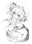  1girl apple bare_shoulders bat_wings brooch food fruit graphite_(medium) hat heart highres jewelry monochrome oshake remilia_scarlet short_hair simple_background solo touhou traditional_media wings 