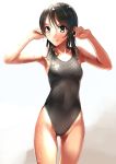  1girl black_eyes black_hair black_swimsuit blush competition_swimsuit katahira_masashi long_hair looking_at_viewer one-piece_swimsuit original small_breasts smile solo swimsuit wet 