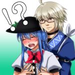  !? 1boy 1girl ahoge blue_hair blush bow choker closed_eyes glasses groping hat hinanawi_tenshi leaf long_hair morichika_rinnosuke puffy_sleeves short_sleeves silver_hair sweatdrop touhou yellow_eyes 