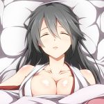  1girl black_hair blanket blush breasts cleavage closed_eyes haruna_(kantai_collection) highres japanese_clothes kantai_collection large_breasts long_hair lying open_mouth personification pillow sleeping solo 