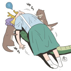  1girl antlers blonde_hair blue_shirt blue_skirt brown_horns commentary_request dragon_tail full_body horns kicchou_yachie lowres no_shoes onikobe_rin open_mouth otter otter_spirit_(touhou) shirt short_hair simple_background skirt socks solo tail touhou turtle_shell white_background white_socks zzz 