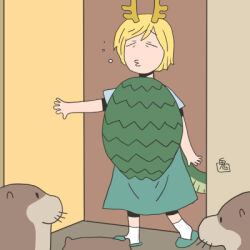  1girl antlers blonde_hair blue_skirt blue_slippers closed_eyes commentary_request door full_body horns kicchou_yachie lowres o3o onikobe_rin open_door otter otter_spirit_(touhou) short_hair skirt slippers socks solo touhou turtle_shell walking white_socks 