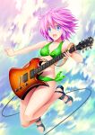  1girl 440 bikini blue_eyes blush breasts cleavage front-tie_top guitar instrument jumping navel open_mouth original pink_hair plectrum ribbon sandals short_hair side-tie_bikini smile solo swimsuit 