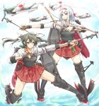  2girls aircraft aircraft_carrier armor arrow black_hair bow_(weapon) brown_eyes brown_gloves fighting_stance fingerless_gloves gloves hair_ribbon hairband highres kantai_collection karamoneeze long_hair multiple_girls personification ribbon shirt shoukaku_(kantai_collection) silver_hair single_glove skirt smile twintails very_long_hair water weapon zuikaku_(kantai_collection) 