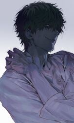  1boy face_in_shadow furrowed_brow glowing glowing_eye hair_over_one_eye highres limited_palette long_bangs looking_up male_focus messy_hair original parted_lips partially_unbuttoned self_hug shirt short_hair smirk solo three-quarter_sleeves upper_body veins veiny_hands water_drop white_eyes x_(comira) 