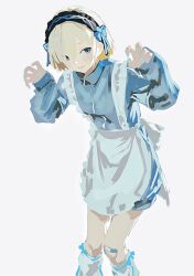  1girl absurdres apron bandaid bandaid_on_knee bandaid_on_leg blonde_hair blue_eyes blue_track_suit claw_pose closed_mouth cobwvmeti hands_up hashtag-only_commentary highres idolmaster idolmaster_starlit_season jersey_maid light_smile long_sleeves maid maid_apron maid_headdress okuzora_kohaku short_hair simple_background sleeves_past_wrists solo standing track_suit unconventional_maid white_apron white_background 