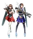  2girls akagi_(kantai_collection) armor arrow bow_(weapon) brown_eyes brown_hair crossbow didloaded gloves headset japanese_clothes kaga_(kantai_collection) kantai_collection machinery microphone multiple_girls muneate open_mouth personification ponytail sandals scope side_ponytail thighhighs weapon 