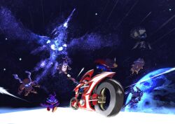  1boy bird blue_eyes card character_request d-wheel earth_(planet) fudo_yusei glowing glowing_eyes group_picture helmet holding holding_card junk_synchron kujira_maru male_focus motion_lines motor_vehicle motorcycle nitro_synchron on_motorcycle planet quickdraw_synchron quillbolt_hedgehog red_helmet riding sonic_chick space speed_lines speed_warrior star_(sky) stardust_dragon trading_card yu-gi-oh! yu-gi-oh!_5d's 