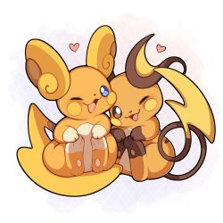  absurdres alolan_raichu artist_name blue_eyes blush brown_eyes english_commentary heart highres one_eye_closed open_mouth pokemon pokemon_(creature) raichu sevi_(seviyummy) simple_background sitting smile white_background 
