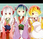  3girls alternate_costume apron blonde_hair blush enmaided green_hair heart highres japanese_clothes kagerou_project kido_(kagerou_project) kisaragi_momo lingmuzi long_hair maid maid_headdress mary_(kagerou_project) multiple_girls red_eyes short_hair side_ponytail smile wink 