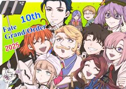  5boys 5girls adjusting_eyewear anniversary atlas_academy_uniform black_gloves black_hair blonde_hair blue_gloves blush bow brown_hair cerejeira_elron chaldea_logo chaldea_uniform closed_eyes collared_shirt eyelashes facial_hair fate/grand_order fate_(series) finger_to_own_chin fou_(fate) fujimaru_ritsuka_(female) fujimaru_ritsuka_(female)_(decisive_battle_chaldea_uniform) fujimaru_ritsuka_(male) fujimaru_ritsuka_(male)_(decisive_battle_chaldea_uniform) gloves goredolf_musik gradient_hair green_eyes green_hair green_necktie grin group_picture hair_bow hair_over_one_eye high_collar holding jingle_abel_meuniere karasu_kokutyou leonardo_da_vinci_(fate) leonardo_da_vinci_(rider)_(fate) light_frown light_smile long_hair looking_at_phone mash_kyrielight multicolored_hair multiple_boys multiple_girls mustache nail_polish necktie nemo_(fate) open_mouth orange_hair phone pink_hair purple_hair red_necktie selfie_stick sherlock_holmes_(fate) shirt short_hair sidelocks sion_eltnam_(type-moon) sion_eltnam_sokaris smile star_(symbol) tassel teeth upper_body v violet_eyes 