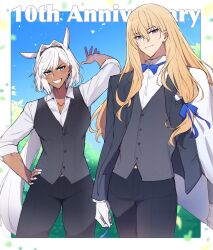  1boy 1girl alternate_costume alternate_hairstyle animal_ears anniversary arm_up arms_at_sides black_hairband black_jacket black_pants blonde_hair blue_bow blue_bowtie blue_eyes blue_ribbon body_markings bow bowtie caenis_(fate) closed_mouth collared_shirt commentary cropped_legs dark-skinned_female dark_skin english_text extra_ears fate/grand_order fate_(series) formal_clothes gloves grey_vest grin hair_behind_ear hair_between_eyes hair_intakes hair_ribbon hairband hand_on_own_hip highres horse_ears jacket kirschtaria_wodime leaf long_hair long_sleeves looking_at_viewer low-tied_long_hair nail_polish open_clothes open_jacket outdoors outside_border pants pocket_square ponytail ribbon sabamori shirt sleeves_rolled_up smile standing teeth vest white_gloves white_hair white_nails white_shirt 