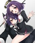  2girls black_hair black_legwear blush breasts eyepatch headgear hoshihuri kantai_collection large_breasts looking_at_viewer multiple_girls necktie personification purple_hair school_uniform short_hair skirt smile tatsuta_(kantai_collection) tenryuu_(kantai_collection) thighhighs violet_eyes yellow_eyes 