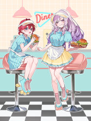  2girls ange_katrina apron blue_eyes blush breasts burger diner dress drill_hair flat_chest food french_fries grin hair_intakes highres holding holding_burger holding_food hyakumantenbara_salome large_breasts long_hair looking_at_viewer multiple_girls nijisanji nikuya_mugi on_stool open_mouth ponytail purple_hair red_hair roller_skates short_hair short_ponytail sitting skates smile standing standing_on_one_leg striped_clothes striped_dress swivel_chair vertical-striped_clothes vertical-striped_dress violet_eyes virtual_youtuber visor_cap waitress white_apron 